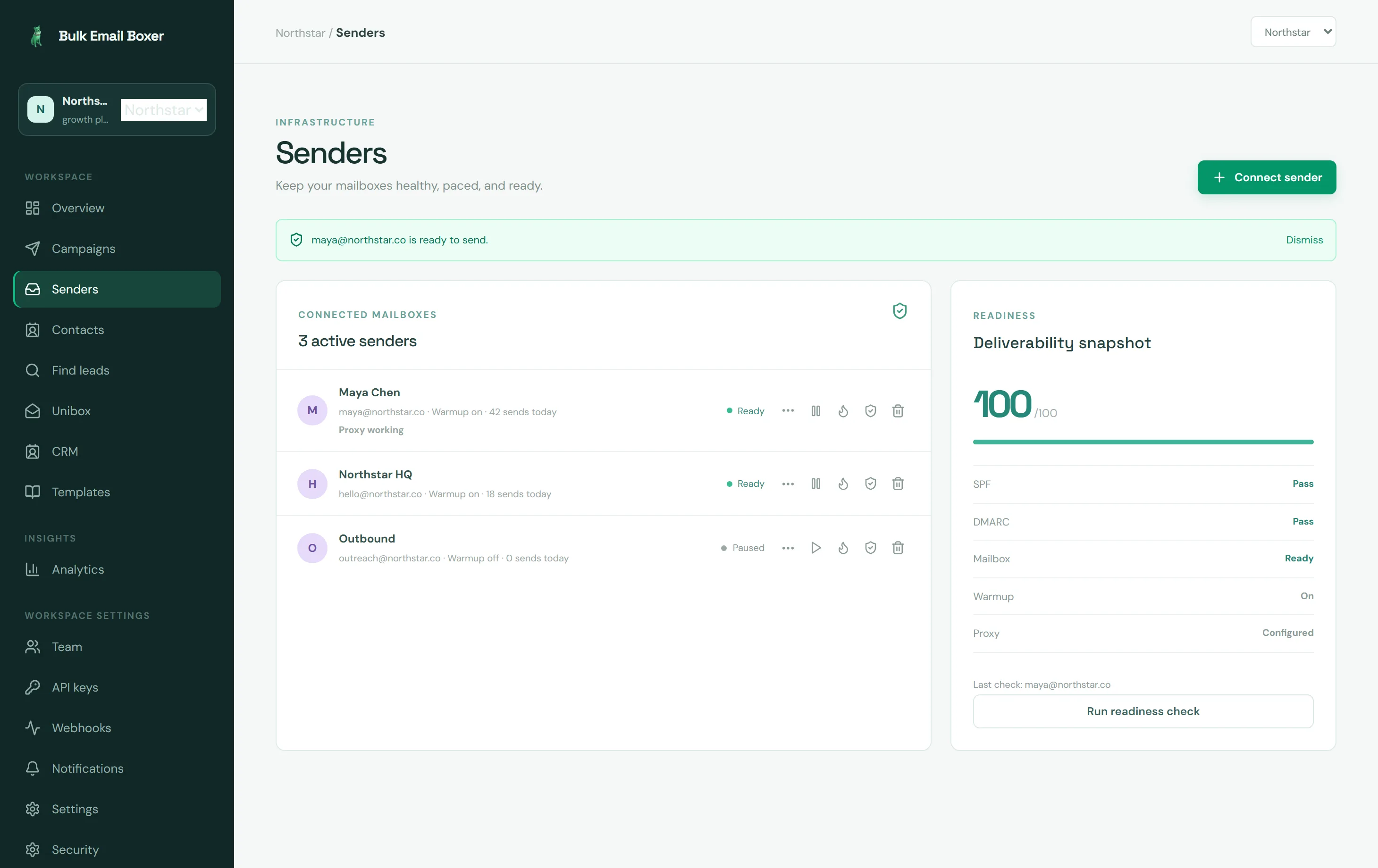 The senders screen showing connected mailboxes with the sending ramp enabled and green SPF and DMARC health