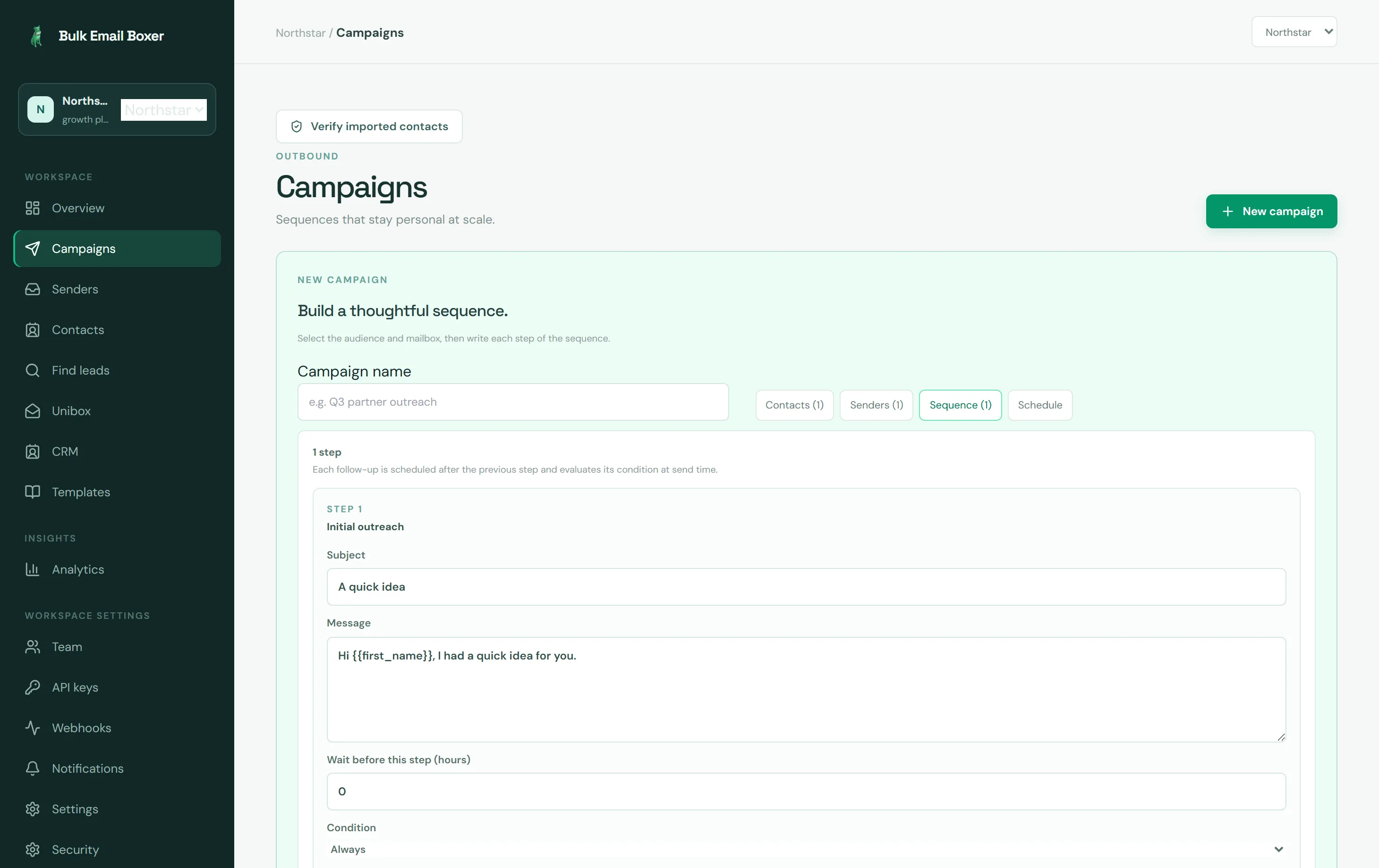 The sequence builder — follow-up steps with wait timers and open/click conditions next to the email editor