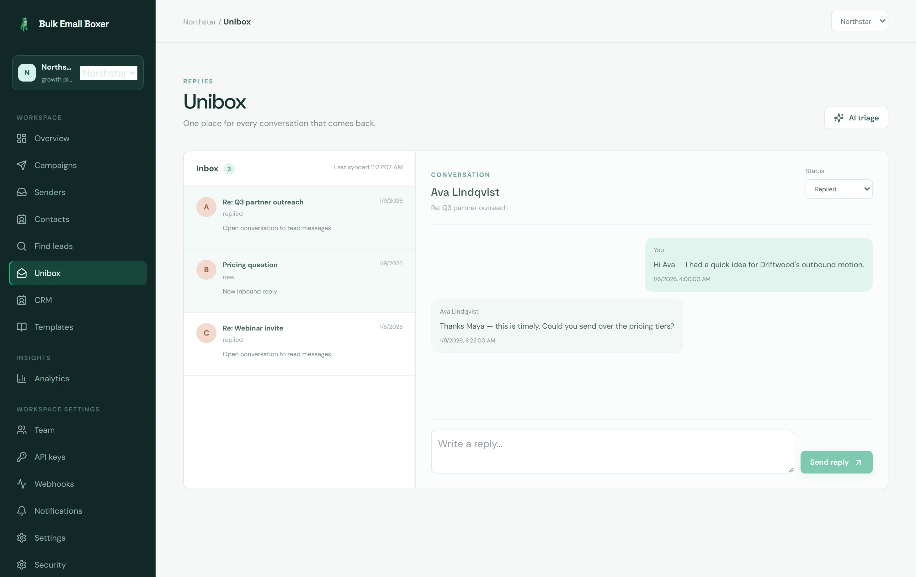 The unified inbox showing reply threads with status tags and an in-thread reply composer